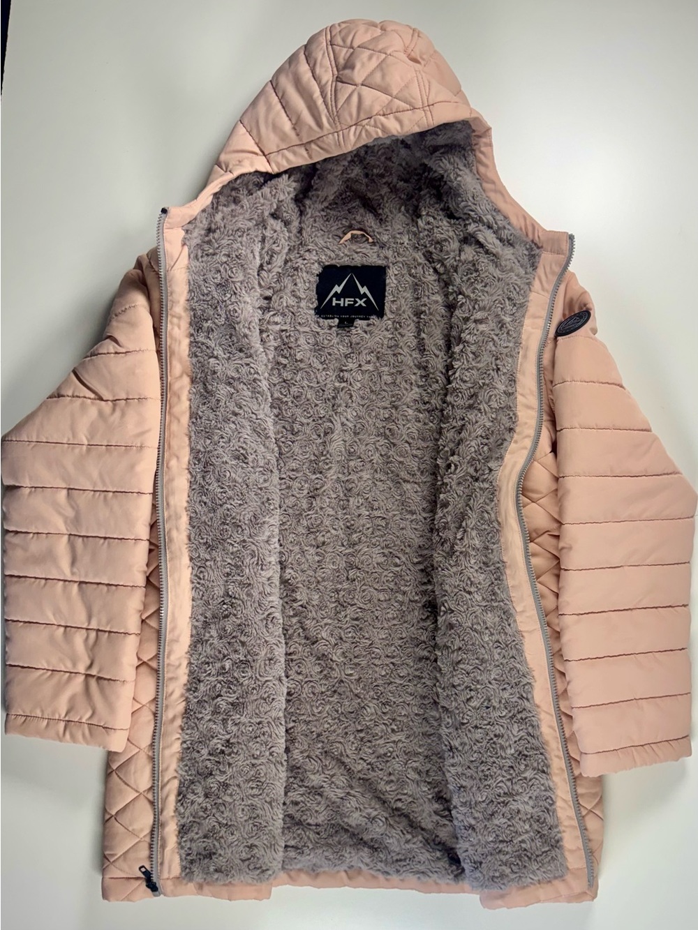 HFX Women's Blush Pink Quilted Hooded Puffer Coat with Plush Gray Lining